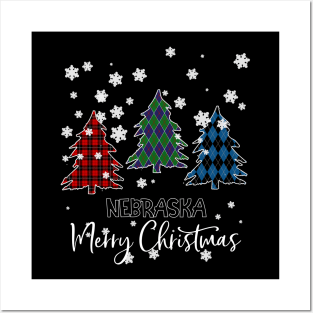 Nebraska Merry Christms Buffalo Plaid Xmas Tree  Posters and Art